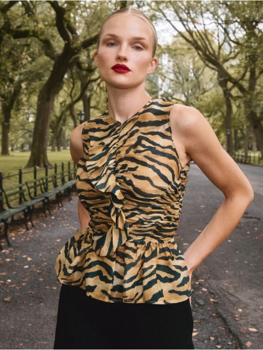 Hunter Bell Doering Top Sleeveless Tiger-Print Ruffle Peplum Top - Tan/Black